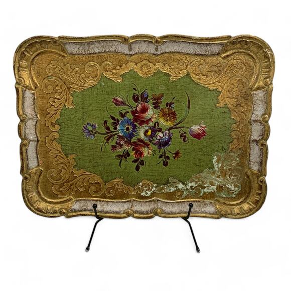 Mita Hand Decorated Florentine Serving Tray Flowers Made in Italy 14x10.5 READ - Picture 1 of 13